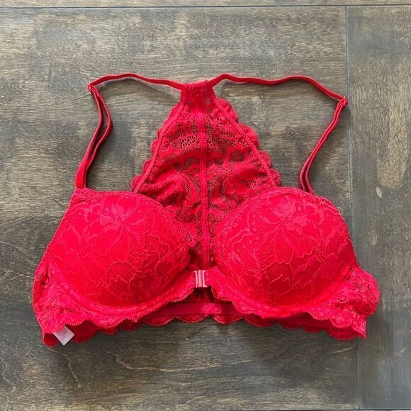 Pink Victorias Secret red lace date racerback wired bra padded Sz-32B - Picture 5 of 12